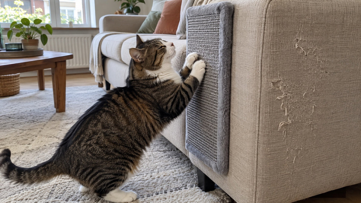 Kat krabt aan een krabmat op de zijkant van de bank
