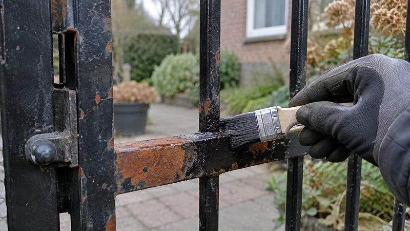Roestomvormer wordt met een kwast op een roestige tuinpoort gezet