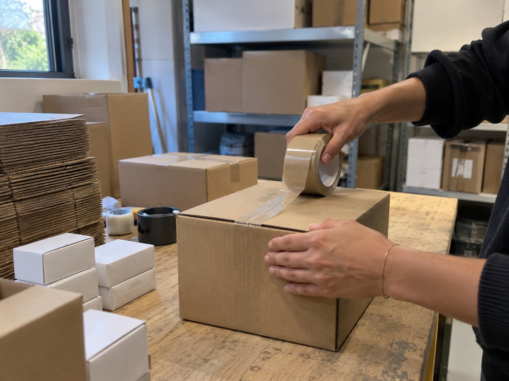 Een pakket wordt dichtgeplakt in de opslagruimte